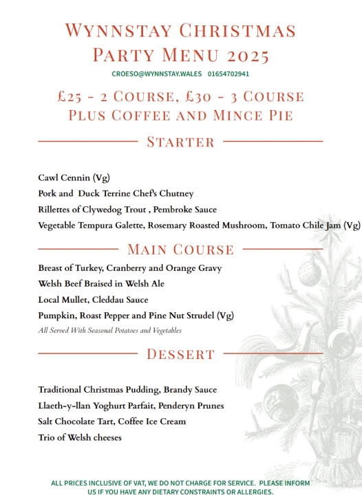 wynnstay christmas party menu 2025